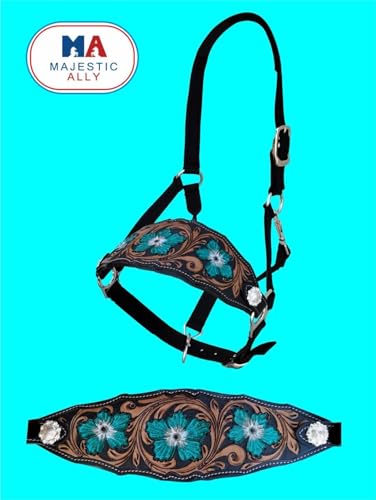 Majestic Ally Equestrian Designer Bronc Halter for Horses, Hand-Tooled Leather Nose, Padded Nylon Crown and Noseband - style: Turquoise Carnation