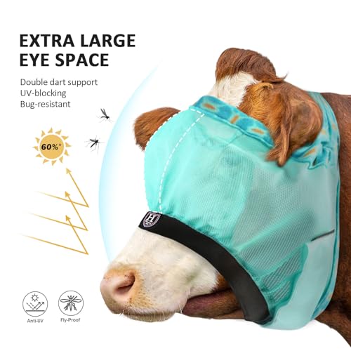 Harrison Howard Cattle Livestock Fly Mask Breathable Mesh Padded Edging with Fun Patterns Large Spacing Forelock Opening Design Adjustable Fit for Cattle Mint - color: Mint