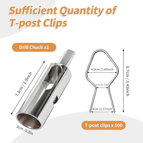 500 Pcs Silver T Post Clips with 1 Drill Chuck