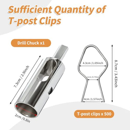 500 Pcs Silver T Post Clips with 1 Drill Chuck