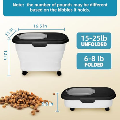 Dog Food Container, Collapsible Pet Food Storage Container 17-20 lb with Rolling Wheels & Airtight Lid, Plastic Storage Bin With Dog Food Scoop and Measuaring Cups - color: Black
