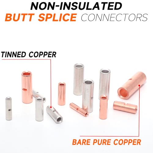 SVAAR 8 AWG Non-Insulated Butt Connectors, 40PCS Tinned Copper Seamless Barrel Heavy Duty Crimp Butt Terminals, Marine Grade Uninsulated Butt Splice Connectors, Repair Butt Splices for 8 Gauge Wires - color: Tinned Copper