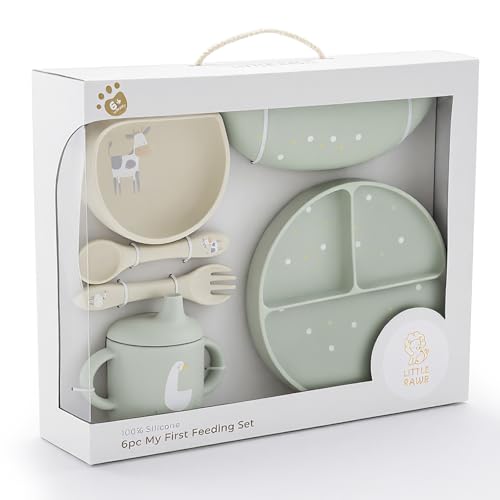Little Rawr Baby Led Weaning Bundle, 100% Silicone Baby Feeding Set Includes Divided Plate, Suction Bowl, Straw Cup, Bib, Spoon & Fork, Develops Self Feeding Skills, Dishwasher Safe (Green) - color: Green