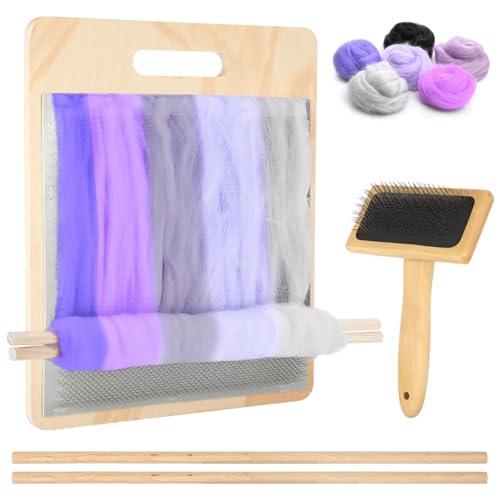 Varku 4 PCS Wool Blending Board Set, Wooden Carding Brush, 2 Wooden Sticks, Felted Wool Carder for DIY Projects, Wool Comb for Mixing