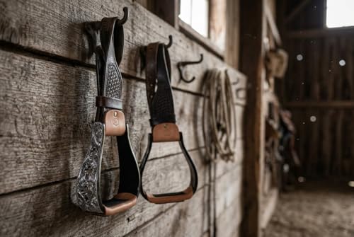 CHALLENGER Western Show Horse Saddle Stirrups Aluminum Leather Tread Cross Engraved 5145v - color: Black with genuine Leather Tread