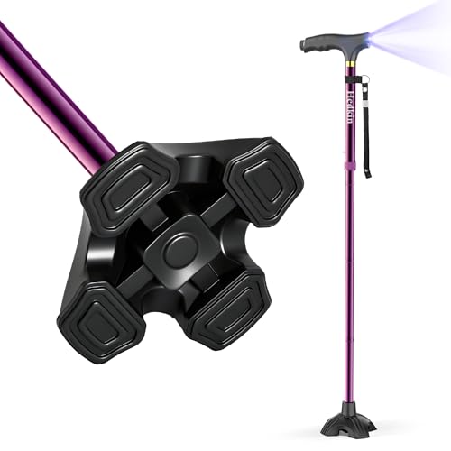 Walking Cane with LED Light, Foldable,Adjustable, Self Standing Walking Canes for Men & Women,Walking Sticks with Quad Base for Seniors & Adults - color: Purple