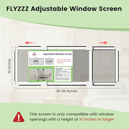 FLYZZZ Adjustable Window Screen for Hung Windows, White Expandable Horizontal Sliding Screen, 10" H x 19-36" W with Black Fiberglass Mesh Removable Window Screen Replacement, 1-Pack - size: S(10" H x 19-36" W)-1 Pack