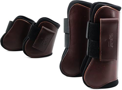 Jeereal Horse Tendon Brushing Boots Open Front & Fetlock Boot | Protective Gear and Training Equipment |Neoprene,Breathable Waterproof Fabric and Genuine Leather | 4 Set - color: Coffee, size: Cob (Medium)