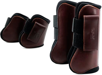 Jeereal Horse Tendon Brushing Boots Open Front & Fetlock Boot | Protective Gear and Training Equipment |Neoprene,Breathable Waterproof Fabric and Genuine Leather | 4 Set - color: Coffee, size: Pony (Small)