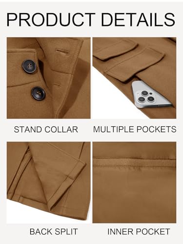 Runcati Mens Pea Coat Single Breasted Mid Long Trench Coat Overcoat | Slim Fit, Stand Collar, Fall Winter, Jacket, Pocket, Warm, Casual, Dress, Business, Christmas Gift - color: Brown, size: Medium
