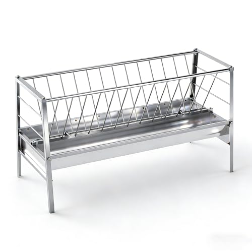 Goat Hay Feeder with Grain Water Pan, 94-Gallon Capacity|Stainless Steel Frame|Safe Rounded Edges, 63" Long Livestock Hay Rack for Goats, Sheep, Cow, Horse