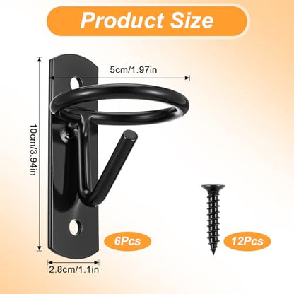 6 Pcs Metal Bucket Hooks for Horses - Heavy Duty Bucket Holder with Ring, Wall Mount Water Hangers for Stall, Barn, Farmhouse Supplies (Black)