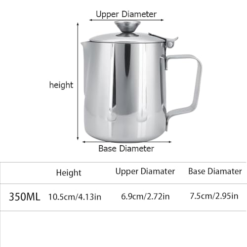 Stainless Steel Pitcher, 350ml Milk Pitcher with Lid，Stainless Steel Coffee Cup Mug Milk Frothing Jug for Latte Coffee Art for Office Kitchen (4.13in Height) - size: 11.8 Ounces