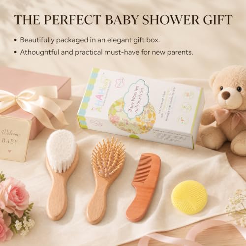 4 Piece Baby Hair Brush and Comb Set for Newborns, Wooden Baby Brush with Soft Natural Goat Bristle, Infant Hair Care Kit Helps Prevent Cradle Cap, Grooming Essentials Gift for Boys and Girls