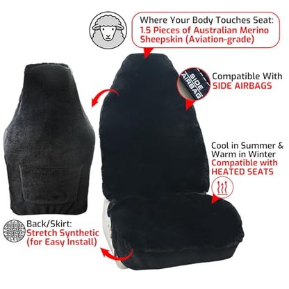 Aegis Cover Sheepskin Car Seat Cover Genuine Australian Merino Wool Front Seat Cover Luxury Dense Pelt Universal Fit for Most SUVs, Trucks, Bucket-Style, 54 X 22 Inches (CS-Black) - color: Black