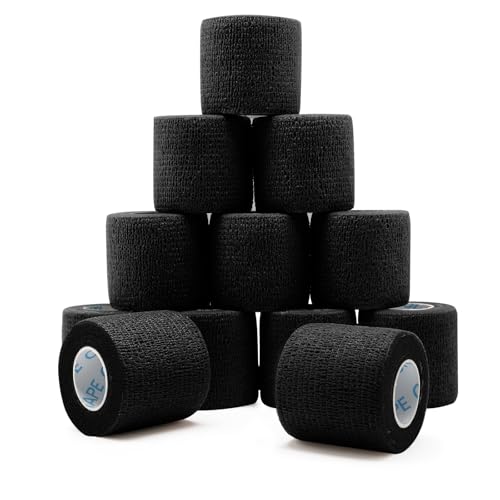 OK TAPE 12 Rolls Self Adhesive Bandage Wrap, Cohesive Elastic Athletic Tape - color: Black, size: 2 Inch