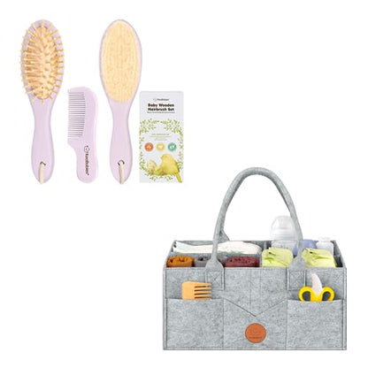 KeaBabies Baby Hair Brush and Baby Comb Set and KeaBabies Diaper Caddy Organizer - Wooden Baby Brush with Soft Goat Bristle, Baby Organizer for Nursery
