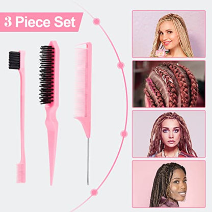 SWEET VIEW 3Pcs Slick Back Hair Brush | Rat Tail Comb, Edge | Bristle Brush, Sleek Ponytail/Bun Smoothing Baby Hair & Flyaways - color: Pink