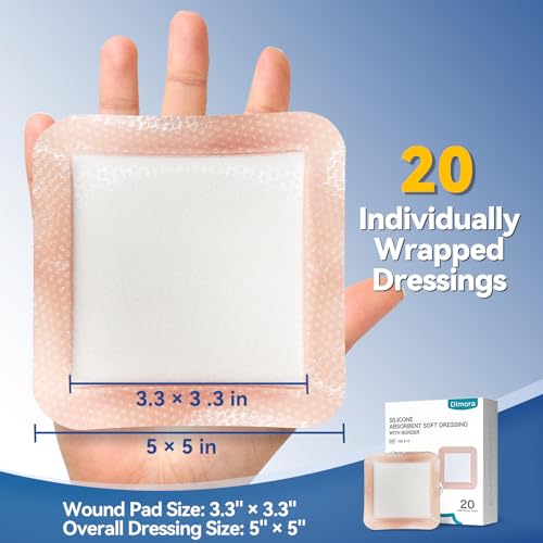 Dimora 20 Count Silicone Super Absorbent Wound Dressing - Gentle Border 5" x 5" Adhesive Bandages for Diabetic Foot Ulcers, Heavy Exudate Wound Care Pads with Ultrasorb Polymer - size: 5"x 5" - 20 pcs