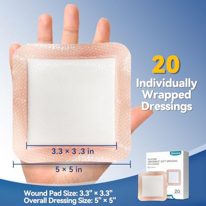 Dimora 20 Count Silicone Super Absorbent Wound Dressing - Gentle Border 5" x 5" Adhesive Bandages for Diabetic Foot Ulcers, Heavy Exudate Wound Care Pads with Ultrasorb Polymer - size: 5"x 5" - 20 pcs