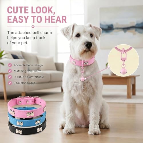 Adjustable PU Leather Dog Collar with Color Matched Bell,Pink S - color: pink, size: 7.5-11 Inch