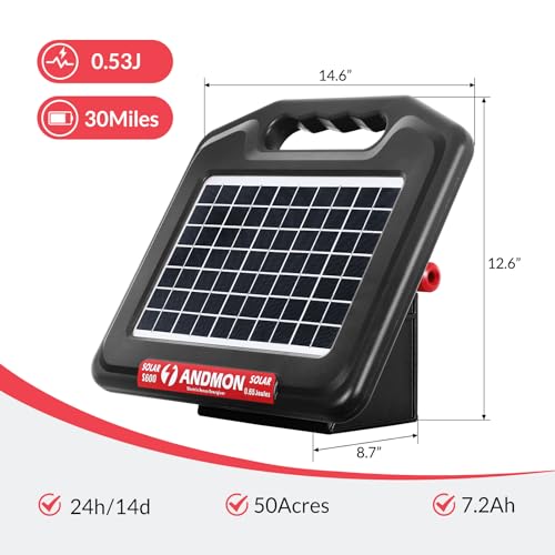 ANDMON S700 35 Miles Solar Fence Charger, 0.76 Joule Solar Electric Fence Charger for Livestock, Horses, Cattle Sheep, Solar Powered Electric Fence with Dual Input, Easy Installation