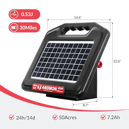 ANDMON S700 35 Miles Solar Fence Charger, 0.76 Joule Solar Electric Fence Charger for Livestock, Horses, Cattle Sheep, Solar Powered Electric Fence with Dual Input, Easy Installation