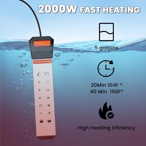 Immersion Water Heater, 2000W Portable Pool Heater with Thermostat & Auto Shut-Off, Electric Bucket Heater with Protective Cover for Inflatable/Above Ground Pools, Bathtub, Camping - Shiny Black - color: Shiny Black