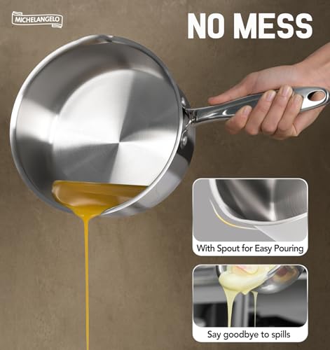 MICHELANGELO Stainless Steel Saucepan with Lid & Steamer, 3 Quart Sauce Pan with Lid, Steamer Pot with Pour Spout, 3 Qt Stainless Steel Pot, Induction Compatible, Oven Safe - size: 3 Quarts