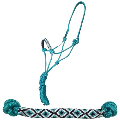 Tahoe Tack Copper Tip® Series Braided Rope Horse Halter with Navajo Beaded Noseband, Cowboy Knots, 10 Ft Lead - color: Turquoise/Turquoise
