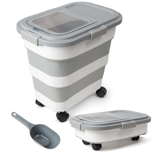MALLMALL6 Dog Food Storage Container - Collapsible Pet Food Container with Spinner Wheels Scoop and Drying Box, Airtight Multifunctional Exlarge 20-30 LB Food Storage for Kitchen Dry Food Rice