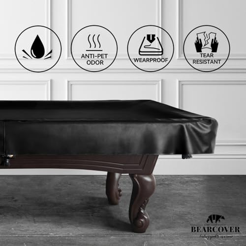Heavy Duty Leatherette Billiard Pool Table Cover, Waterproof & Tearproof Cover for Pool Table 7/8/9FT (Black/Faux Lambskin, 9FT-(112"LX 62"WX 8“H))