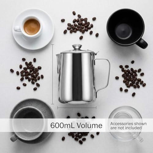 QWORK 600 mL 304 Stainless Steel Coffee Cup, Milk Frothing Pitcher with Lid, Latte Art Steaming Jug with Precision Pour Spout and Ergonomic Handle for Espresso Cappuccino Coffee