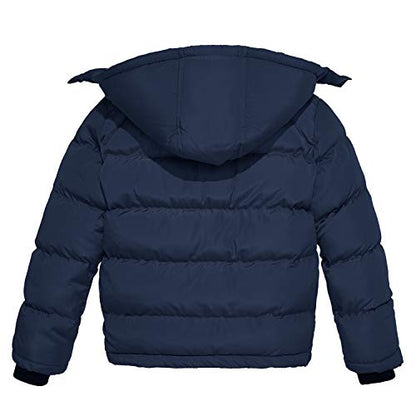 wantdo Boys Puffy Winter Coats Fleece-Lined Snow Jackets Removable Hood | Elastic Cuffs, Hook-and-Loop Collar, Windproof, Machine Washable - color: Navy, size: 8-9