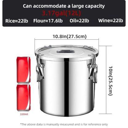 304 stainless steel food storage containers with lids lock clips airtight container large airtight for rice flour sugar grain coffee bean storage containers Kitchen jar (3.17gal/12L) - size: 3.17gal