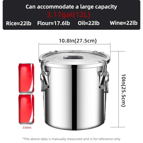 304 stainless steel food storage containers with lids lock clips airtight container large airtight for rice flour sugar grain coffee bean storage containers Kitchen jar (3.17gal/12L) - size: 3.17gal
