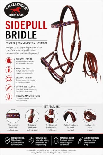 Horse Western Leather Beaded Bitless Sidepull Bridle Reins Rhinestone - color: Mahogany/Royal Blue