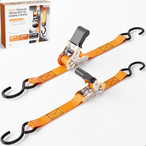 WELLUCK 304 Stainless Steel Boat Trailer Tie Down Straps 2400 LBS, 1 Inch x 4 FT Heavy Duty Ratchet Straps Transom Tie Downs to Trailer Marine Jet Ski Pontoon, High-Vis Orange Safety Harness - color: Silver（Stainless）