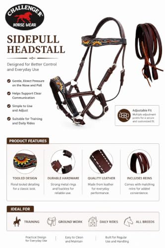 Horse Western Tan Leather Padded Bitless Training Sidepull Bridle Reins - color: Brown Sunflower Turquoise