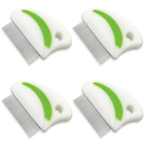 4-Piece Flea & Lice Grooming Comb Set for Dogs and Cats, Stainless Steel Rounded-Tooth Pet Combs with Ergonomic Handle