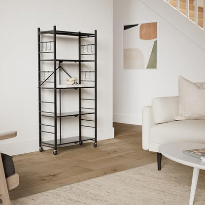 Himix 5-Tier Foldable Storage Shelves with 20 Hooks Wheels Kitchen Black - color: Black, size: 5-Tier