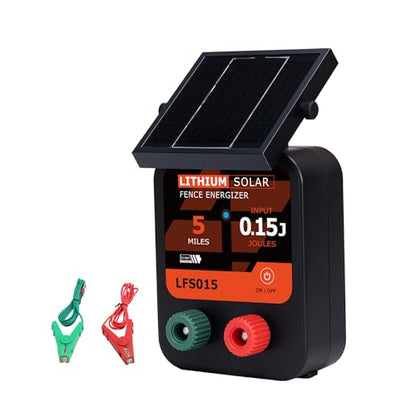 Solar Electric Fence Charger 5 Miles Range 20 Acres 0.15 Joules Energizer | Built-in 3.2V lithium battery & 1.8W solar panel Eco-friendly 0.15J energizer works on cloudy days to secure farms