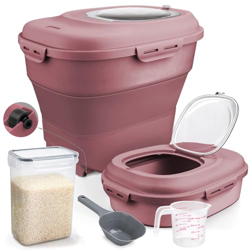 Komzon Rice Storage Bin Cereal Containers, 13-50lb Collapsible Rice Container Dispenser with Transparent Lid, Rolling Wheels, Measuring Cup and Scoop, Airtight Dog Cat Pet Food Storage Container Pink - color: Pink
