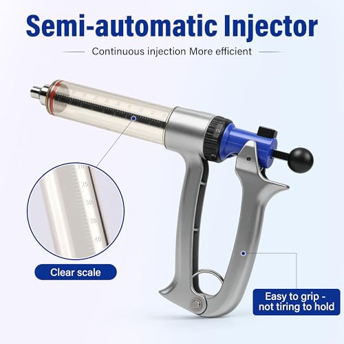 50ML Livestock Syringe, 5 Gears Adjustable Semi Automatic Livestock Syringe, Repeating Luer Lock for Cattle Cow Sheep Pig Chickens Ducks Goose