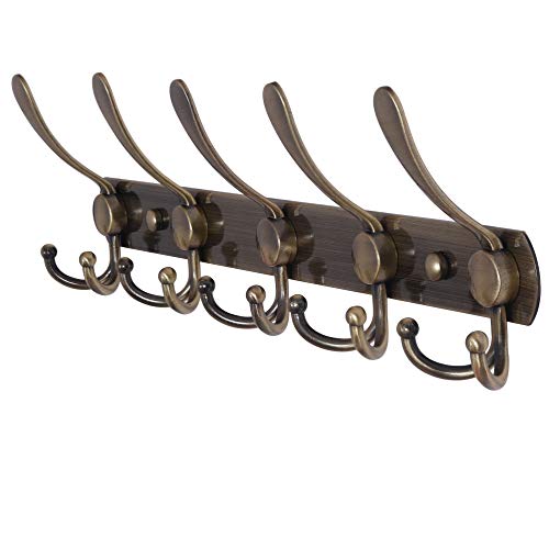 Dseap Coat Rack Wall Mounted - 5 Tri Hooks, Heavy Duty, Stainless Steel, Metal Coat Hook Rail for Coat Hat Towel Purse Robes Mudroom Bathroom Entryway,Bronze - color: Bronze, size: L=16" (1 Pcs)