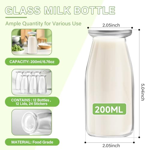 12 Pack 200ml Glass Milk Bottles with Lids - Vintage Breakfast Shake Containers Reusable Small Milk Jars, Mini Party Bottles Clear Glass Juice Bottle with 24 Labels for Parties, Weddings, Picnics