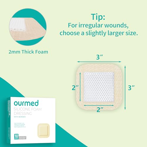 Ourmed Silicone Foam Dressing with Border Adhesive - Large Absorbent Waterproof Bandage for Wound Care, Foot Diabetic Ulcer, Leg Ulcer, 3" x 3", 10 Pack - size: 3"x 3" (10 Packs)