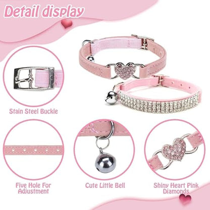 BINGPET Diamond Cat Collar,Adjustable Soft Velvet Leather Safe Kitten Collar with Shiny Rhinestones and Bells,Girl Boy Bling Cat Collars with Safety Elastic for Small Medium Cats Pack of 2（Pink） - color: Pink(Heart & Rhinestones), size: Neck Girth 8"-10"