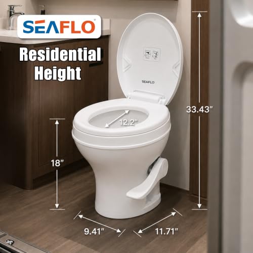 SEAFLO RV Toilet – 18.4" Residential Height, Gravity Flush Foot Pedal, 4-Year Warranty, Fits Most RVs (9.5" Rough-In), Soft Close Seat, 2-Bolt Mount, for Camper Travel Trailer Motorhome SFRTPH-01-01 - color: White