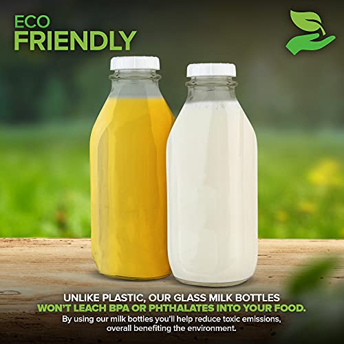 Stock Your Home Liter Glass Milk Bottle with Lid (3 Pack) 32 Oz Jugs and 6 White Caps, Reusable Food Grade Milk Container for Refrigerator, Bottles for Juice, Oat or Plant Milks, Water, Honey - size: 32 oz